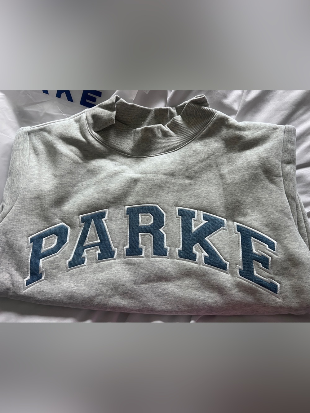 Gray Mock-Neck Sweater with Blue 'PARKE'
